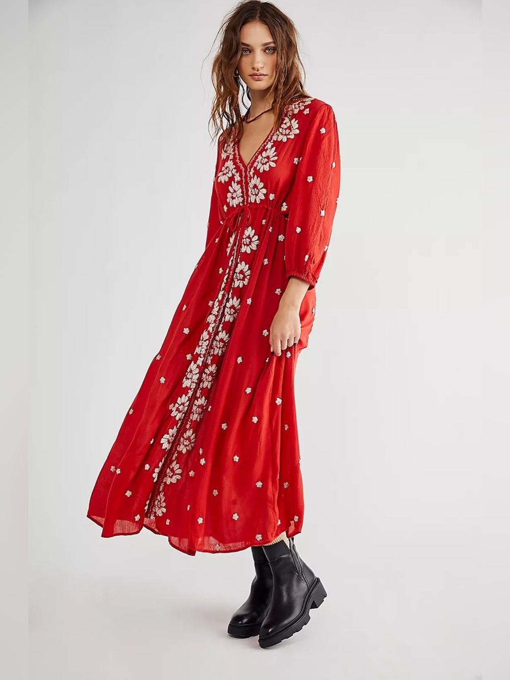 Free People Embroidered Fable Midi Dress Small Boho Cottagecore